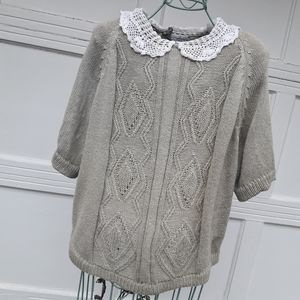 Crochet Lace Collar Sweater Cable Knit Short Sleeve Loose Fit Embroidery Vintage